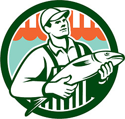 Image showing Fishmonger Holding Fish Circle Retro