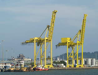 Image showing Two container cranes in a harbour