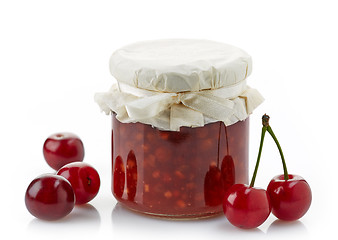 Image showing jar of fruit jam with cherries