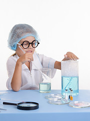 Image showing Chemist girl touches foam in flask