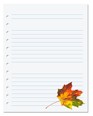 Image showing Notebook paper with multicolor autumn maple leaf on white