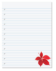 Image showing Notebook paper with red autumn virginia creeper leaf in corner