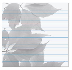 Image showing Notebook paper with virginia creeper leaf on background