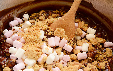 Image showing Melted chocolate, marshmallows and crushed biscuits