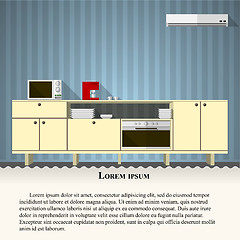 Image showing Flat vector illustration of kitchen with blue wall