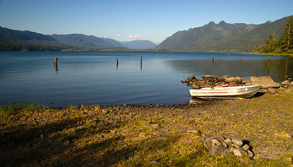 Image showing Row Boat Shoreline Lake Quinault Olympic National Forest