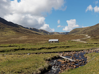 Image showing River Calder, Glen Banchor bothy, west of Newtonmore, with hills