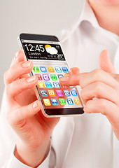 Image showing Smartphone with transparent screen in human hands.