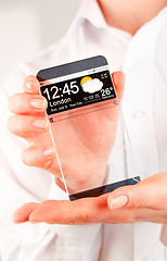 Image showing Smartphone with transparent screen in human hands.