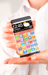 Image showing Smartphone with transparent screen in human hands.