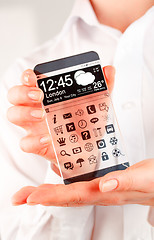 Image showing Smartphone with transparent screen in human hands.