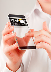 Image showing Smartphone with transparent screen in human hands.