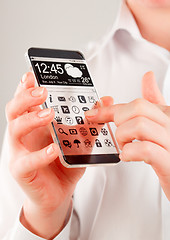 Image showing Smartphone with transparent screen in human hands.