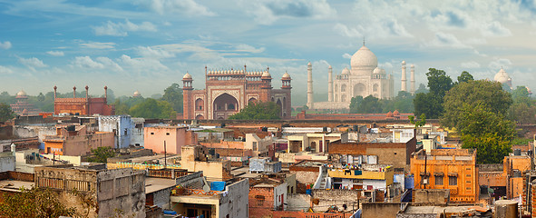 Image showing Panorama of Agra city, India. Taj Mahal in the background