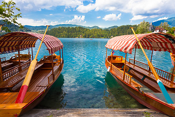 Image showing Traditional wooden boats on lake Bled, Slovenia.