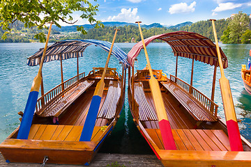 Image showing Traditional wooden boats on lake Bled, Slovenia.