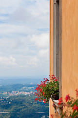 Image showing Flowers on the window against view of italian city in mountains