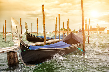 Image showing Gondolas on sunset, Grand Canal in Venice