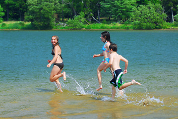 Image showing Children running into water