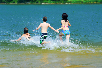 Image showing Children running into water