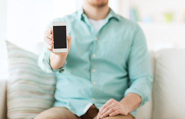 Image showing close up of man sitting with smartphone at home