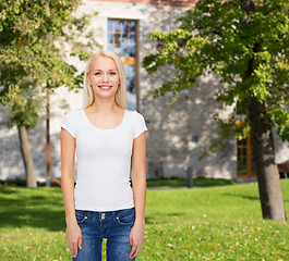 Image showing smiling woman in blank white t-shirt