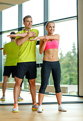 Image showing smiling man and woman exercising in gym