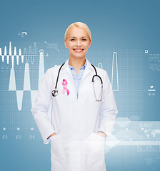 Image showing doctor with stethoscope, cancer awareness ribbon