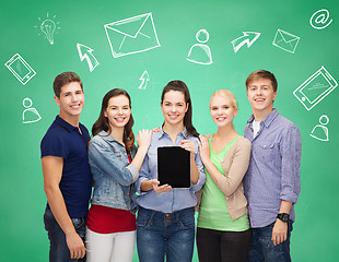 Image showing smiling students with tablet pcs and smartphones