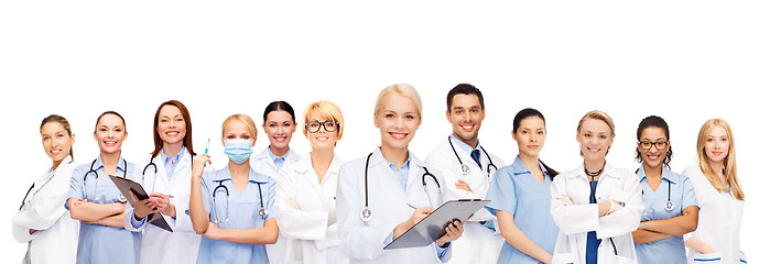 Image showing smiling female doctors and nurses with stethoscope