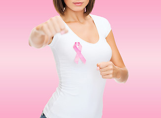 Image showing close up young woman with cancer awareness ribbon