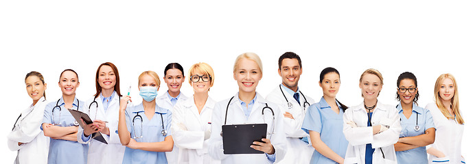 Image showing smiling female doctors and nurses with stethoscope