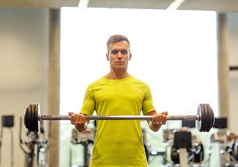 Image showing man doing exercise with barbell in gym