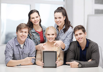 Image showing smiling students with blank tablet pc screen