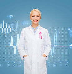 Image showing smiling female doctor with cancer awareness ribbon