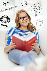 Image showing smiling teenage girl reading book on couch