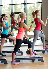 Image showing group of women with dumbbells and steppers