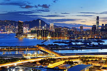 Image showing Urban downtown city at sunset,