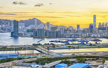 Image showing Urban downtown city at sunset,