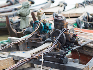 Image showing Primitive boat engines in Myanmar