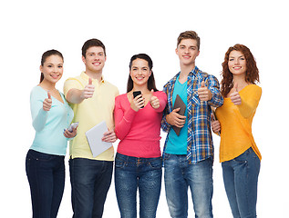 Image showing group of teenagers with smartphones and tablet pc