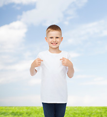 Image showing smiling little boy in white blank t-shirt