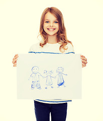 Image showing smiling little child holding picture of family