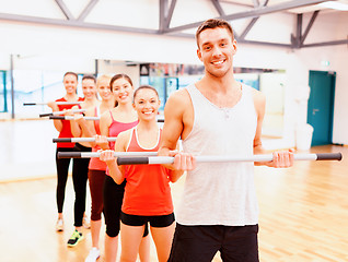 Image showing group of smiling people working out with barbells