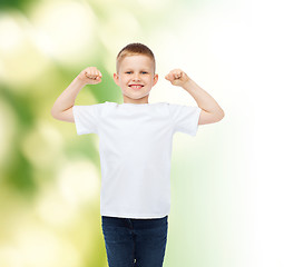 Image showing little boy in white t-shirt with raised hands