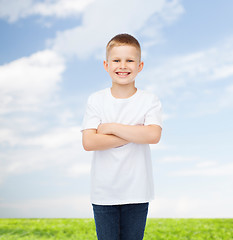 Image showing smiling little boy in white blank t-shirt