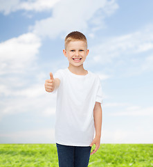 Image showing smiling little boy in white blank t-shirt