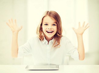 Image showing laughing girl with tablet pc computer and hands up