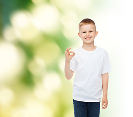 Image showing little boy in white t-shirt making ok gesture