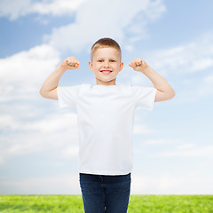 Image showing smiling little boy in white blank t-shirt